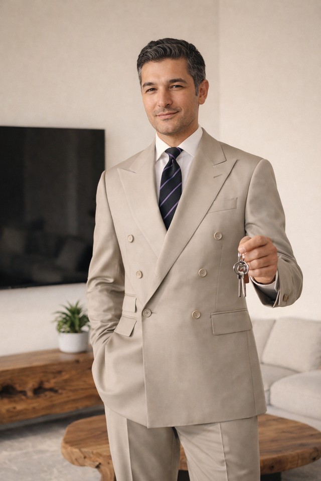 Анвар Рахимов держит ключи на фоне светлого интерьера